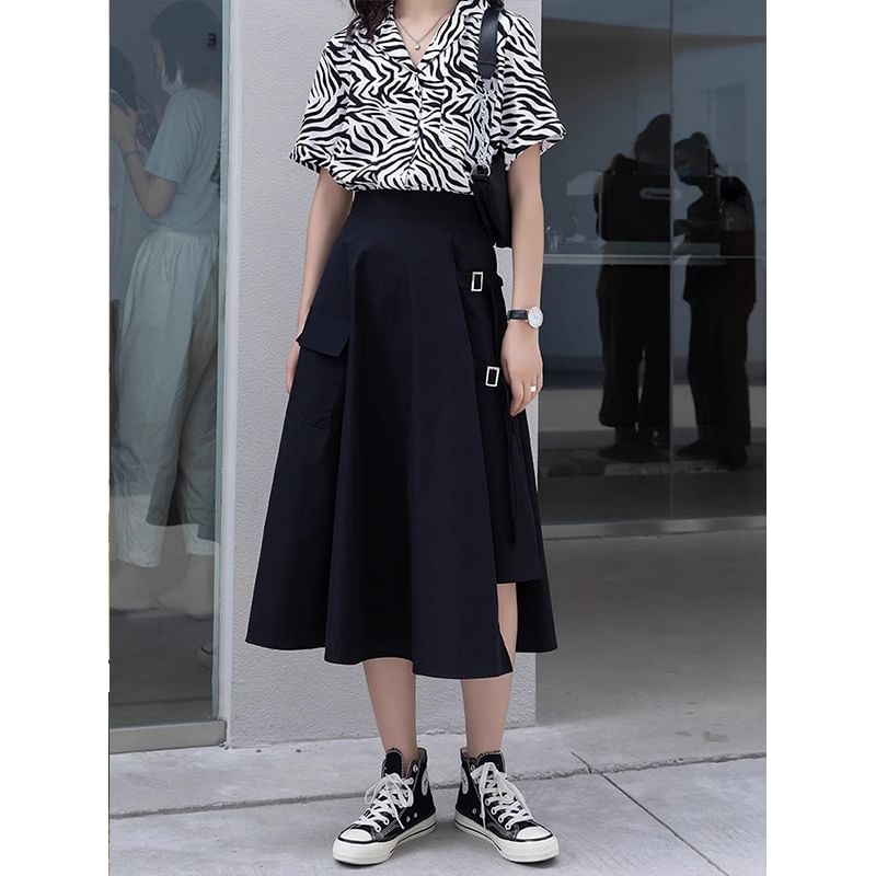 Slit Skirt Waist Buckled Midi Asymmetrical Elastic Plain A-Line