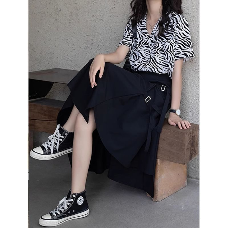 Slit Skirt Waist Buckled Midi Asymmetrical Elastic Plain A-Line