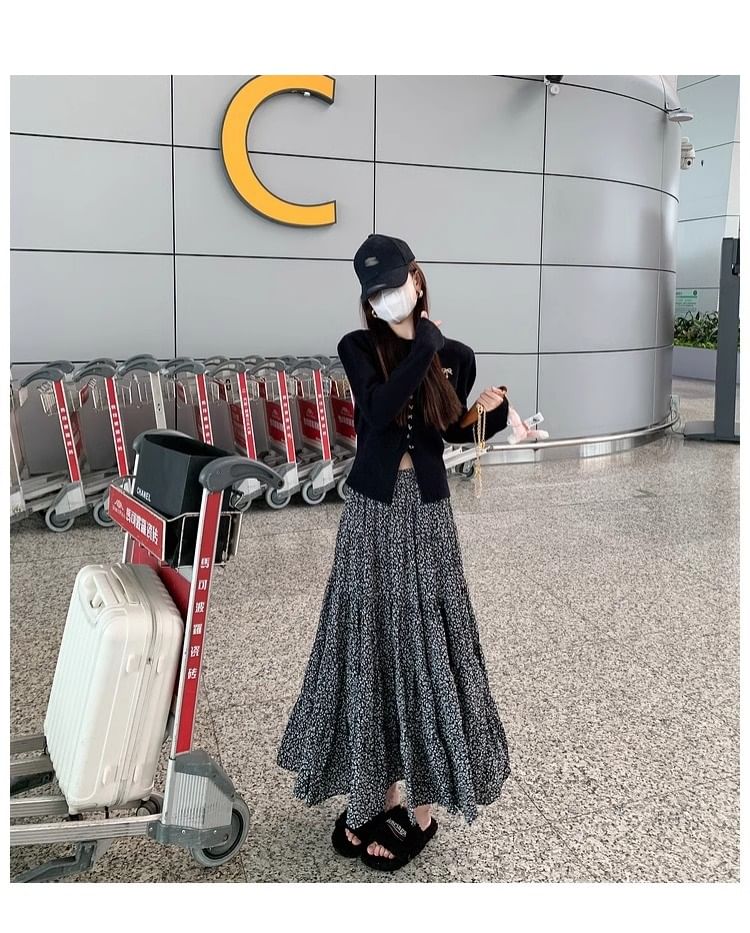 Elastic A-Line Floral Midi Waist Skirt