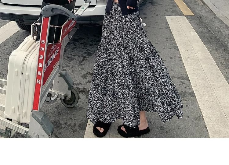 Elastic A-Line Floral Midi Waist Skirt