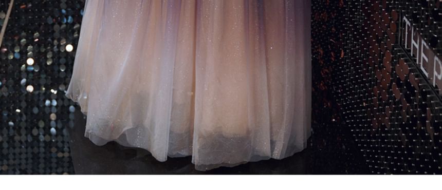 A-Line Short-Sleeve Gradient Size Off-Shoulder Gown Evening Sequin Plus