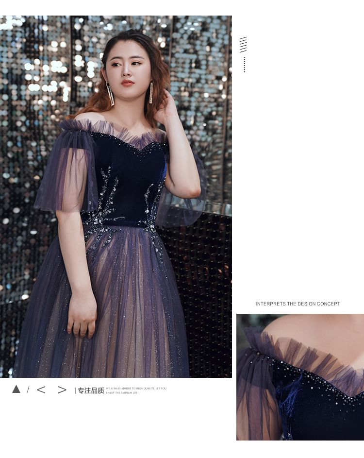 A-Line Short-Sleeve Gradient Size Off-Shoulder Gown Evening Sequin Plus