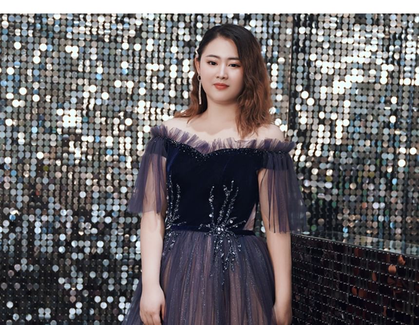 A-Line Short-Sleeve Gradient Size Off-Shoulder Gown Evening Sequin Plus