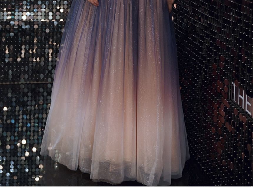 A-Line Short-Sleeve Gradient Size Off-Shoulder Gown Evening Sequin Plus