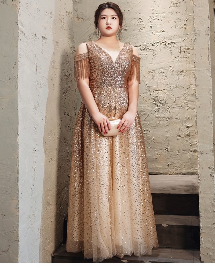Sequin Gown Fringed Plus A-Line Evening Size Cold-Shoulder