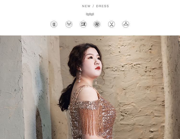 Sequin Gown Fringed Plus A-Line Evening Size Cold-Shoulder