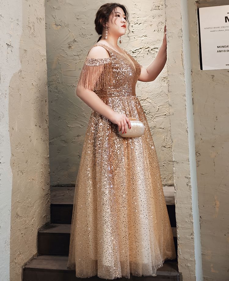 Sequin Gown Fringed Plus A-Line Evening Size Cold-Shoulder