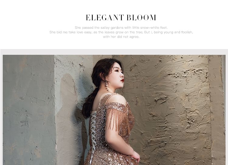 Sequin Gown Fringed Plus A-Line Evening Size Cold-Shoulder