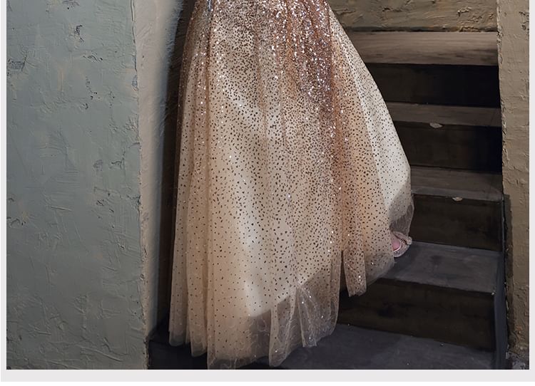 Sequin Gown Fringed Plus A-Line Evening Size Cold-Shoulder