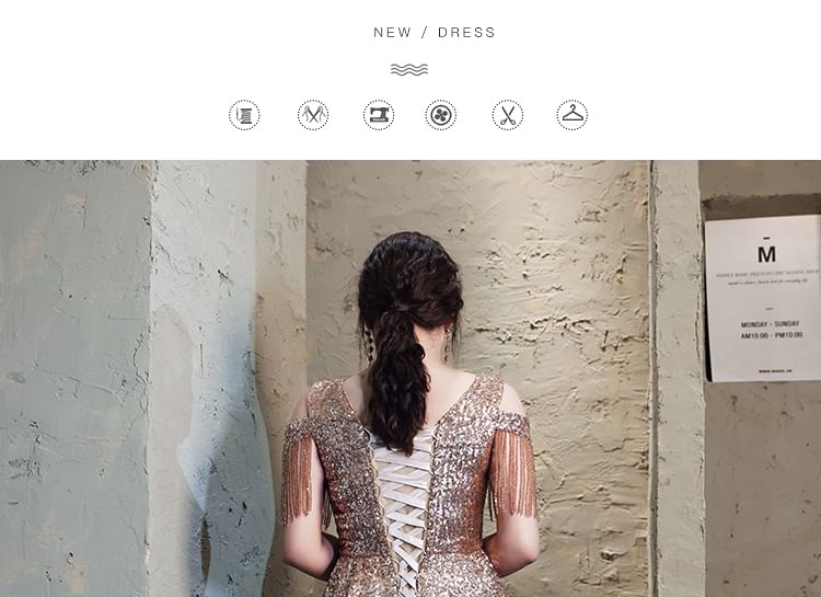 Sequin Gown Fringed Plus A-Line Evening Size Cold-Shoulder