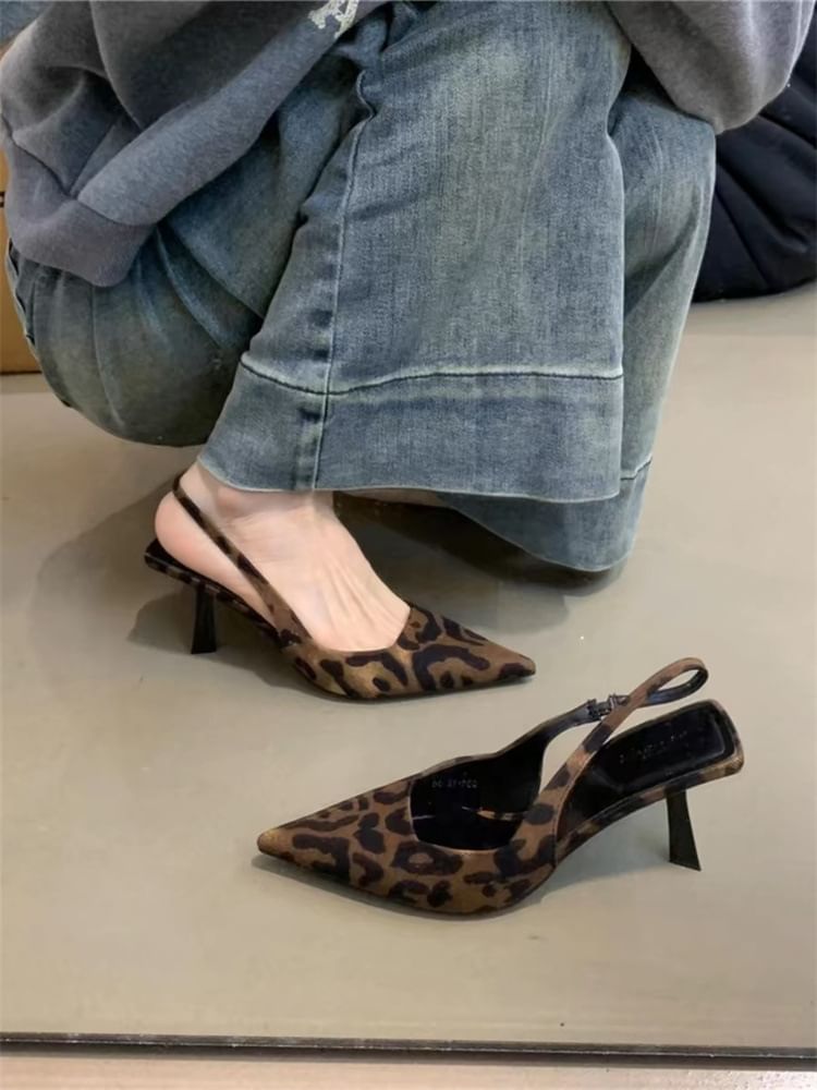 Toe Sandals Print Pointed High Leopard Heel Slingback