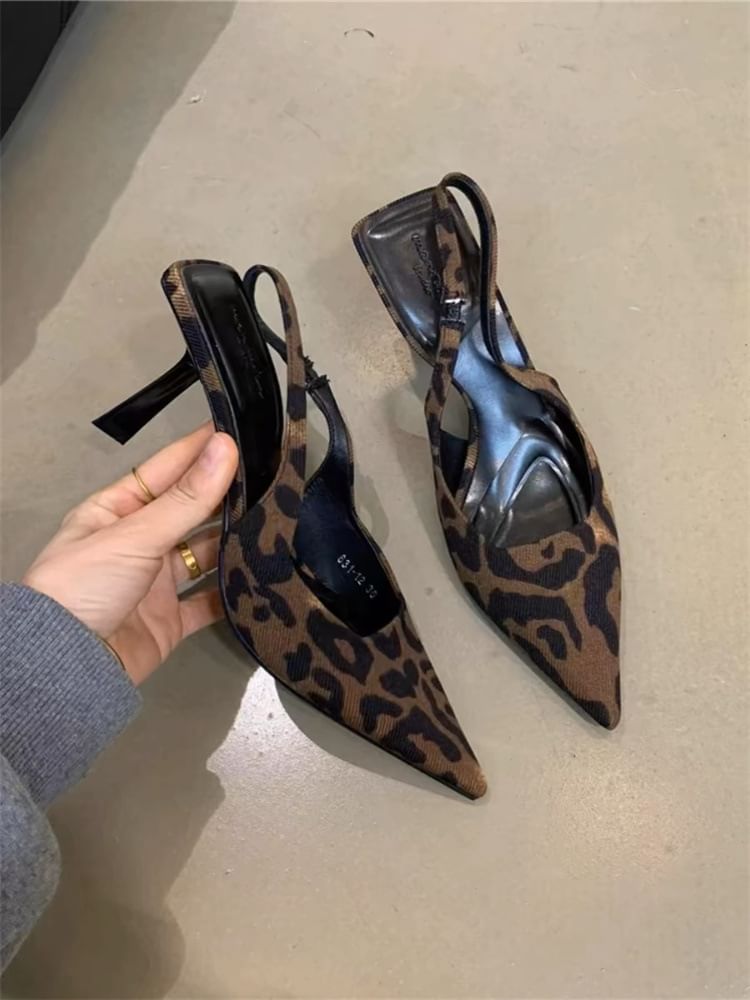 Toe Sandals Print Pointed High Leopard Heel Slingback
