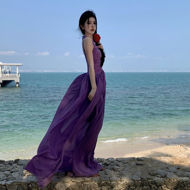 Neck Spaghetti A-Line Plain Dress Maxi Scoop Strap