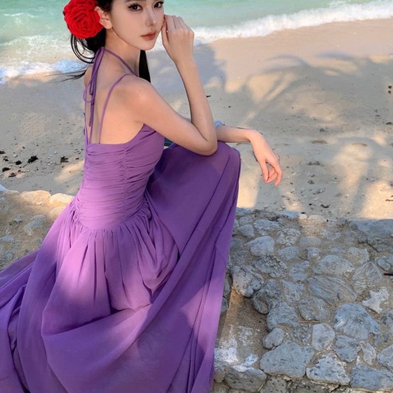 Neck Spaghetti A-Line Plain Dress Maxi Scoop Strap