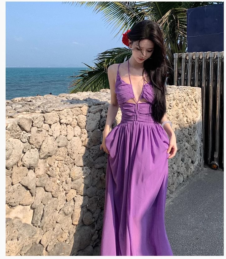 Neck Spaghetti A-Line Plain Dress Maxi Scoop Strap