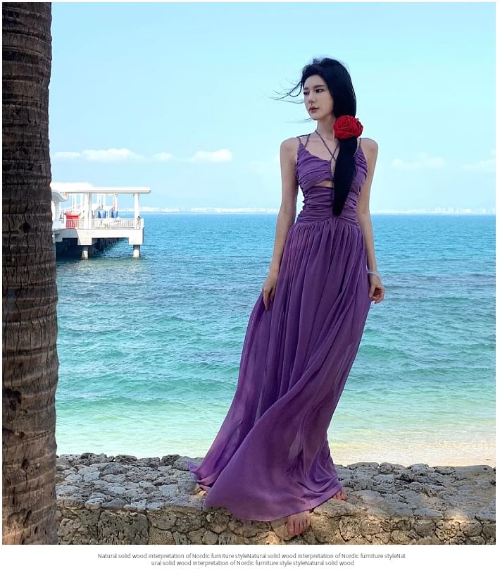 Neck Spaghetti A-Line Plain Dress Maxi Scoop Strap