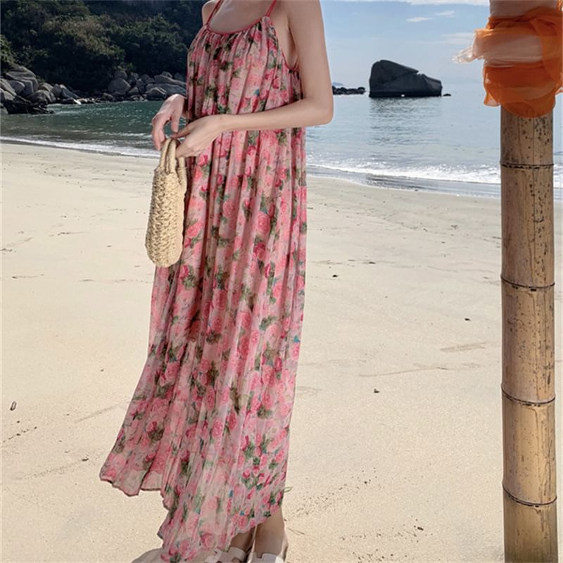 Neck Spaghetti Floral A-Line Dress Scoop Maxi Strap