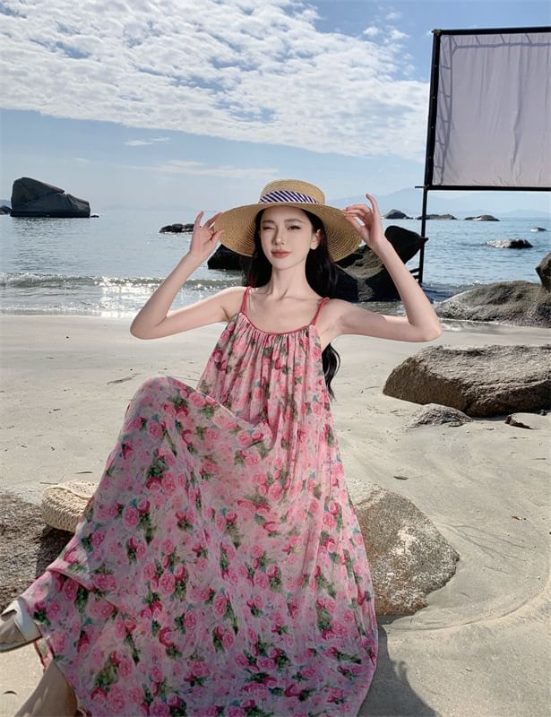 Neck Spaghetti Floral A-Line Dress Scoop Maxi Strap