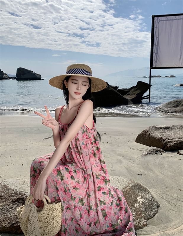Neck Spaghetti Floral A-Line Dress Scoop Maxi Strap