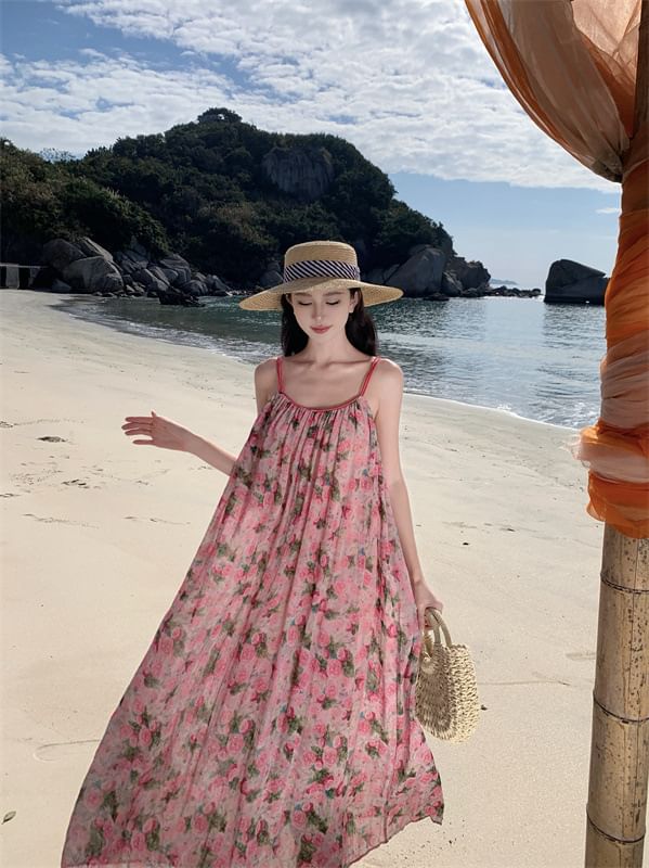 Neck Spaghetti Floral A-Line Dress Scoop Maxi Strap
