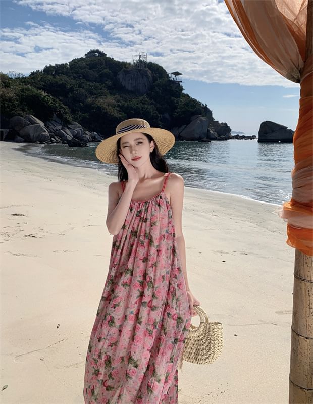 Neck Spaghetti Floral A-Line Dress Scoop Maxi Strap