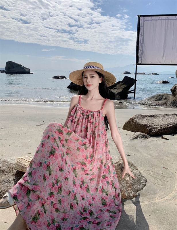 Neck Spaghetti Floral A-Line Dress Scoop Maxi Strap