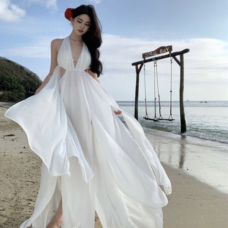 A-Line Maxi V-Neck Dress Plain Sleeveless