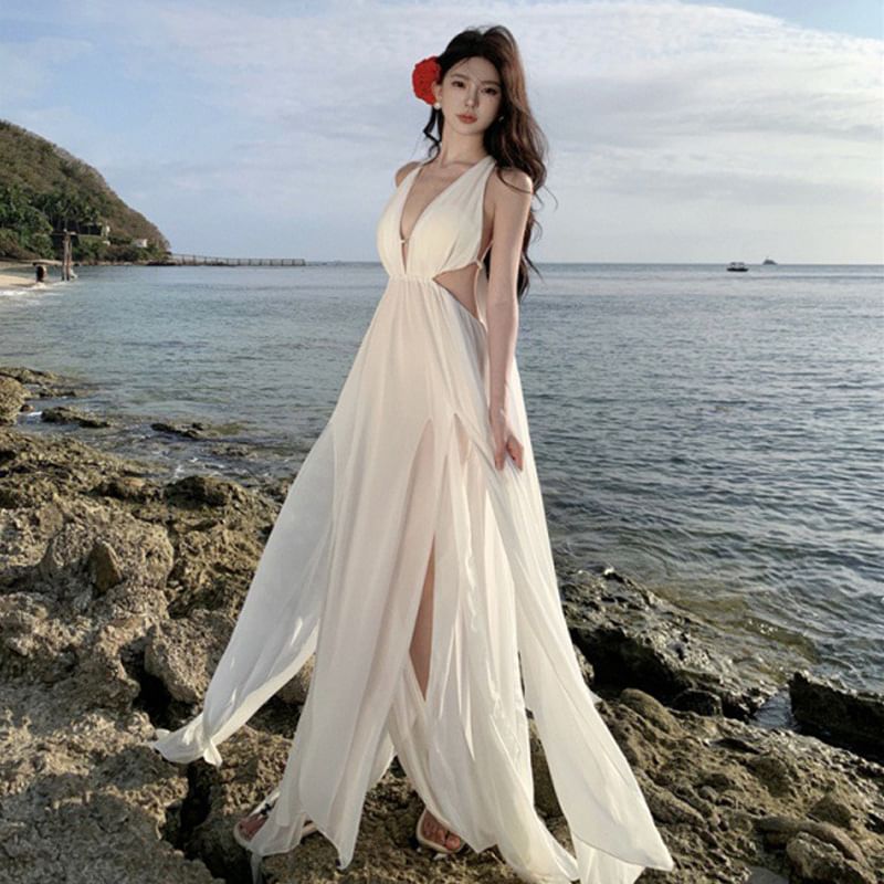 A-Line Maxi V-Neck Dress Plain Sleeveless