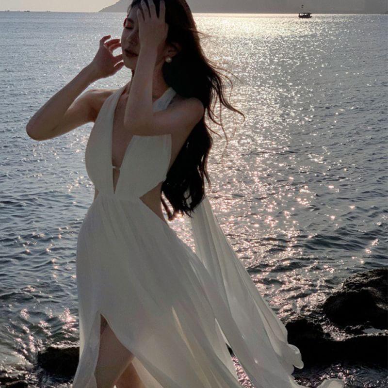 A-Line Maxi V-Neck Dress Plain Sleeveless