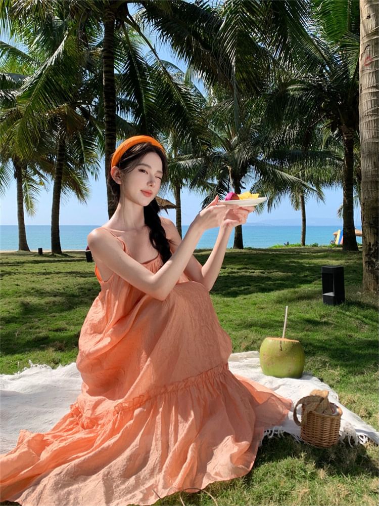 Neck A-Line Spaghetti Strap Scoop Plain Maxi Dress