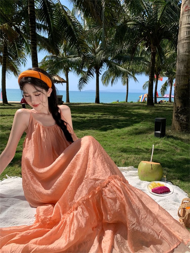 Neck A-Line Spaghetti Strap Scoop Plain Maxi Dress