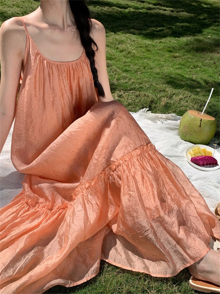 Neck A-Line Spaghetti Strap Scoop Plain Maxi Dress