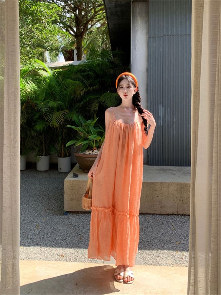 Neck A-Line Spaghetti Strap Scoop Plain Maxi Dress