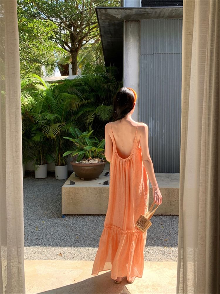 Neck A-Line Spaghetti Strap Scoop Plain Maxi Dress