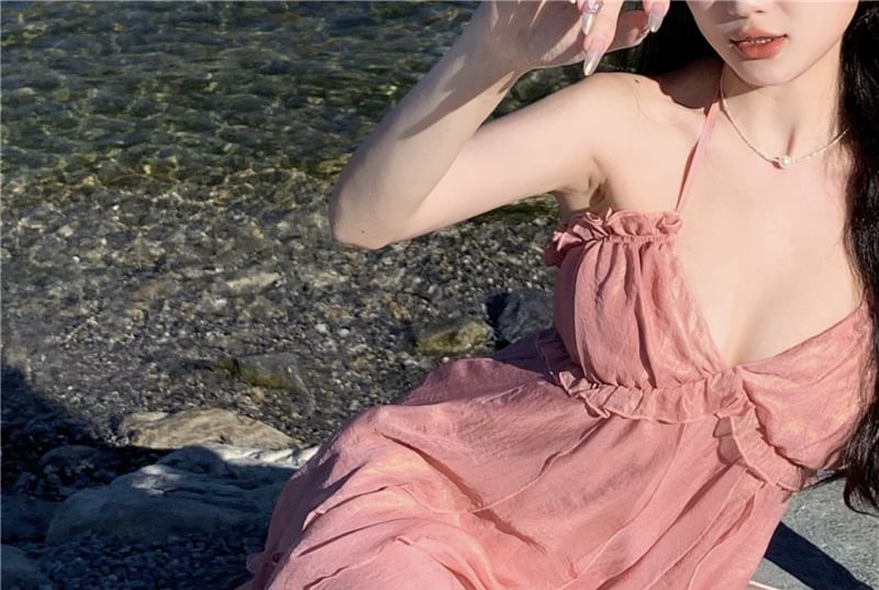 A-Line V-Neck Dress Plain Trim Maxi Halter Ruffle