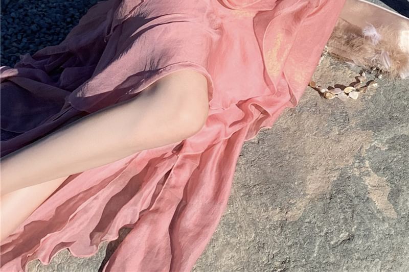 A-Line V-Neck Dress Plain Trim Maxi Halter Ruffle