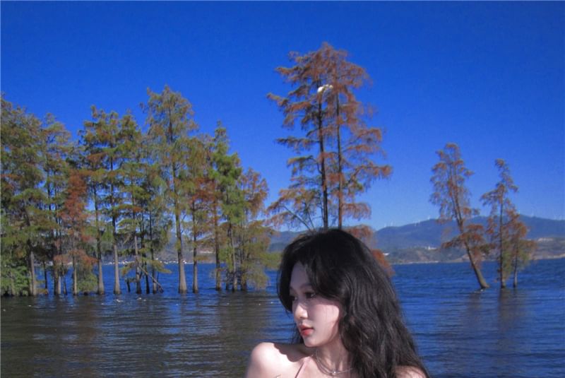 A-Line V-Neck Dress Plain Trim Maxi Halter Ruffle