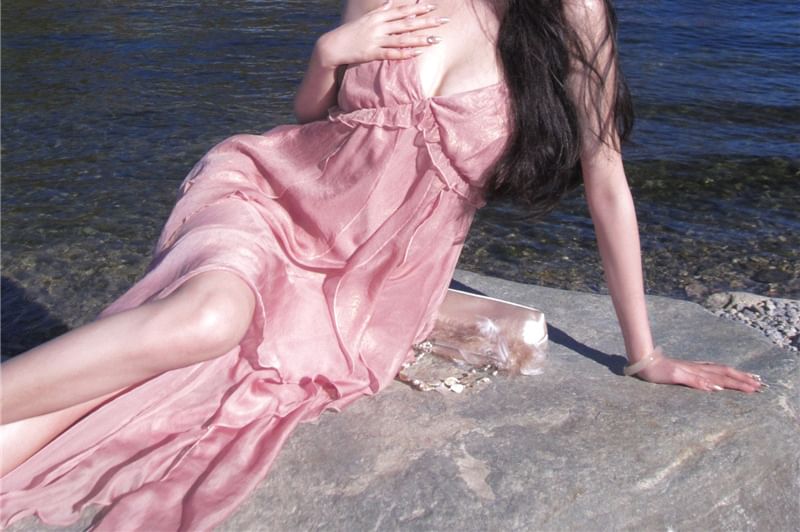 A-Line V-Neck Dress Plain Trim Maxi Halter Ruffle