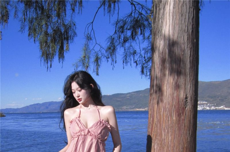 A-Line V-Neck Dress Plain Trim Maxi Halter Ruffle