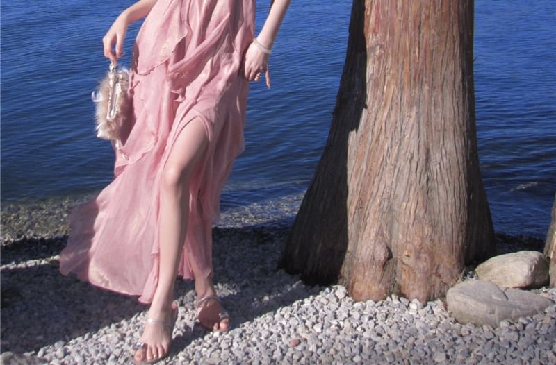 A-Line V-Neck Dress Plain Trim Maxi Halter Ruffle