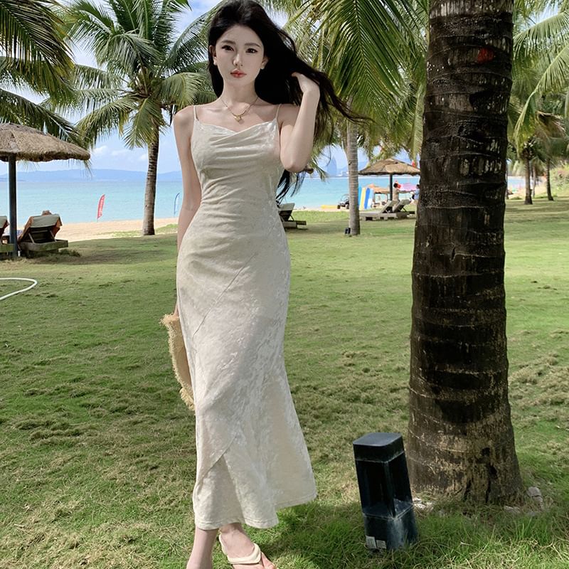 Strap Neck Spaghetti Dress Plain Cowl Mermaid Maxi