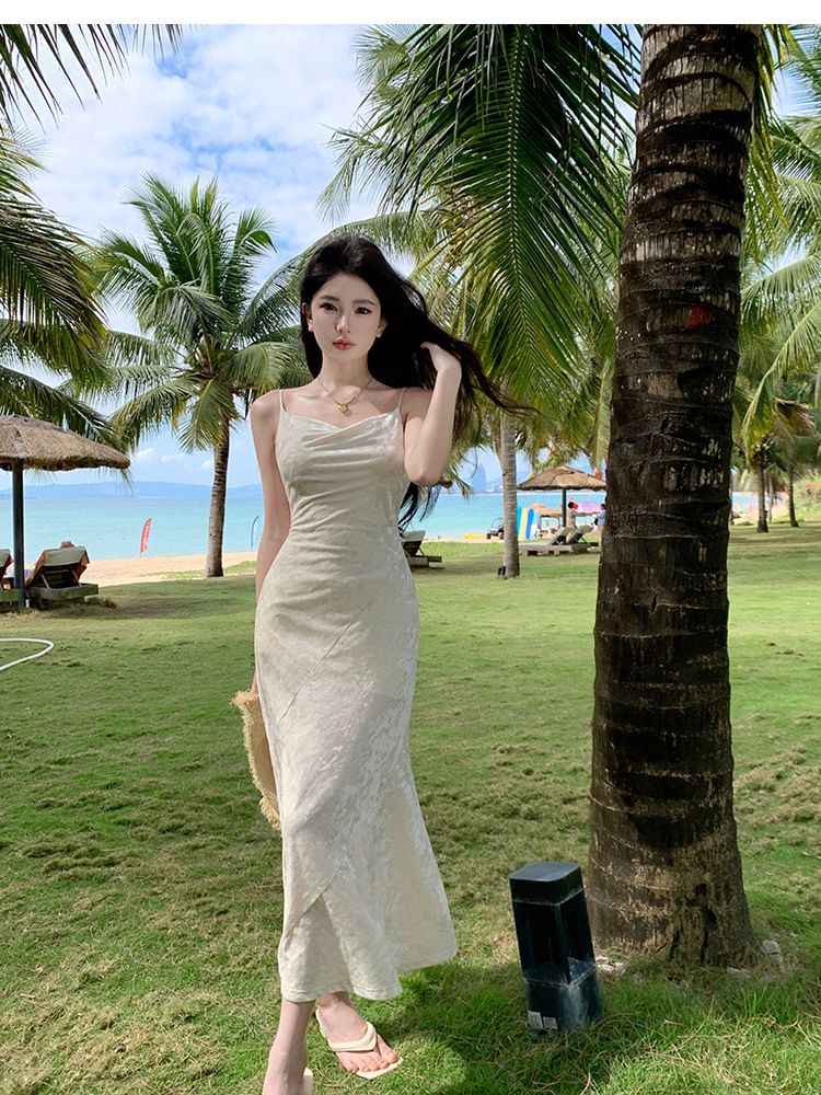 Strap Neck Spaghetti Dress Plain Cowl Mermaid Maxi