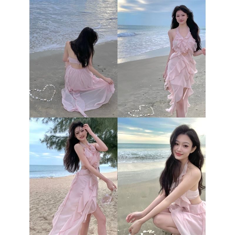 Mini Cutout Plain A-Line Ruffle Neck Trim Dress Halter