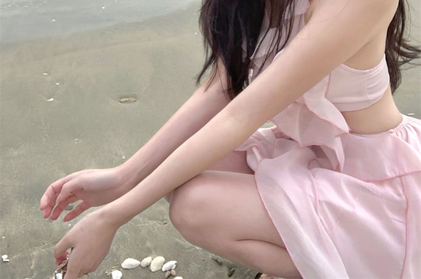 Mini Cutout Plain A-Line Ruffle Neck Trim Dress Halter