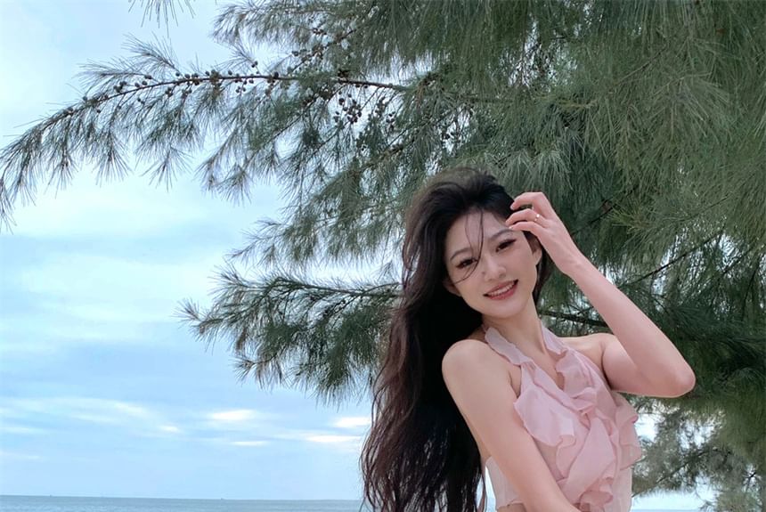 Mini Cutout Plain A-Line Ruffle Neck Trim Dress Halter