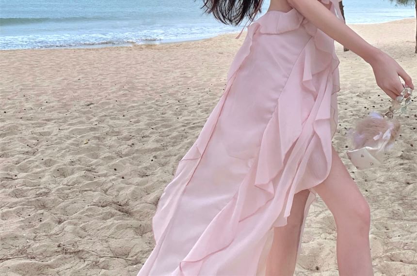 Mini Cutout Plain A-Line Ruffle Neck Trim Dress Halter