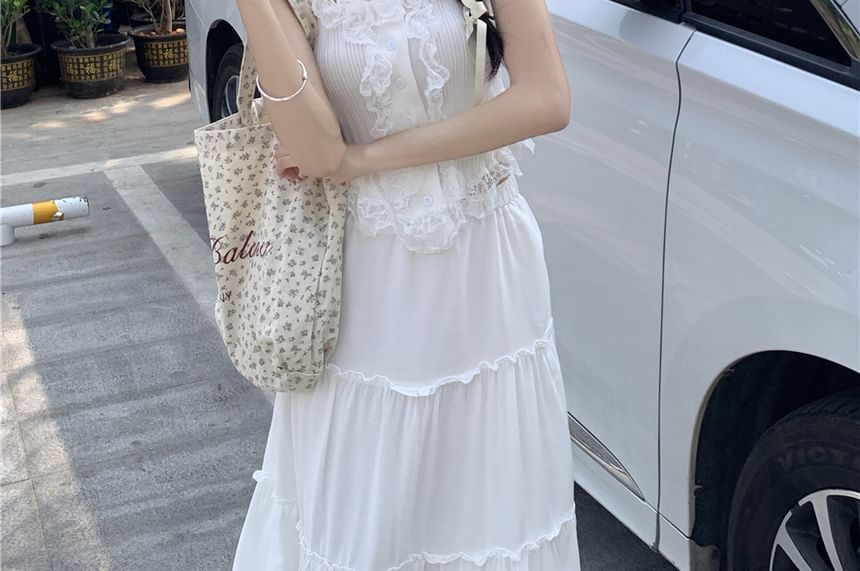 Skirt Top Rise A-Line / Tank Trim Plain Lace Maxi High