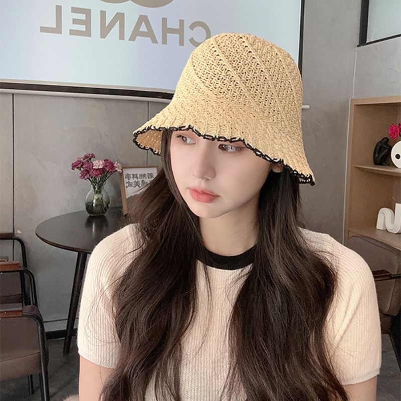 Contrast Trim Bucket Woven Hat