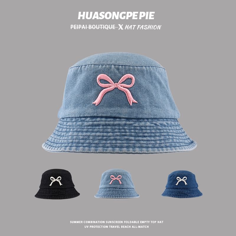 Embroidered Bucket Denim Bow Hat