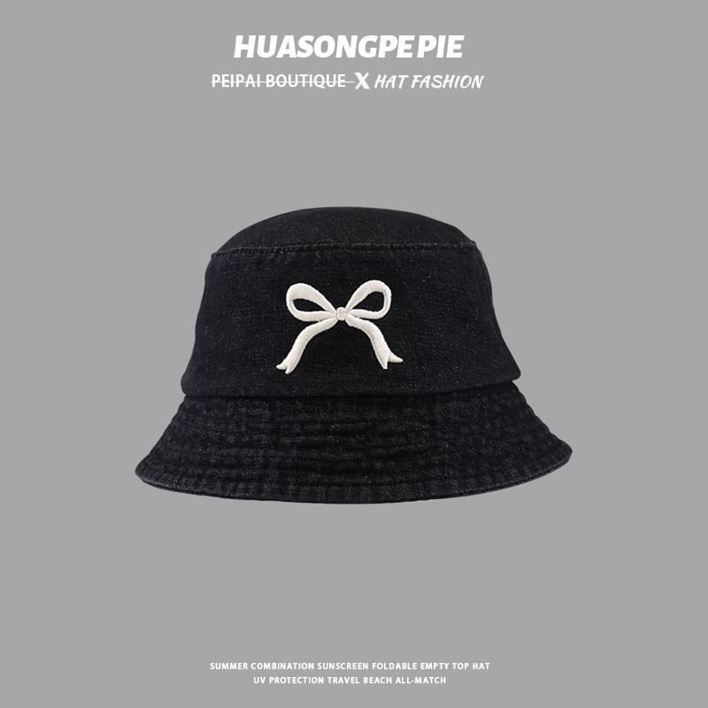 Embroidered Bucket Denim Bow Hat